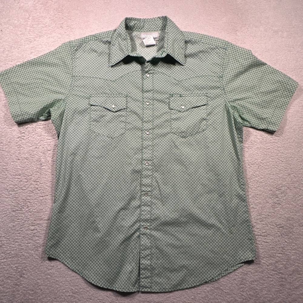 Wrangler Wrancher Western Shirt Mens L Green Geometric Pearl Snap Short Sleeve